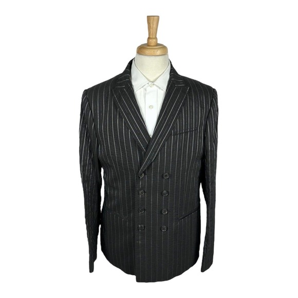 John Varvatos Collection Black Wool Blend Seersucker Dbl Breasted Blazer 52 NWT